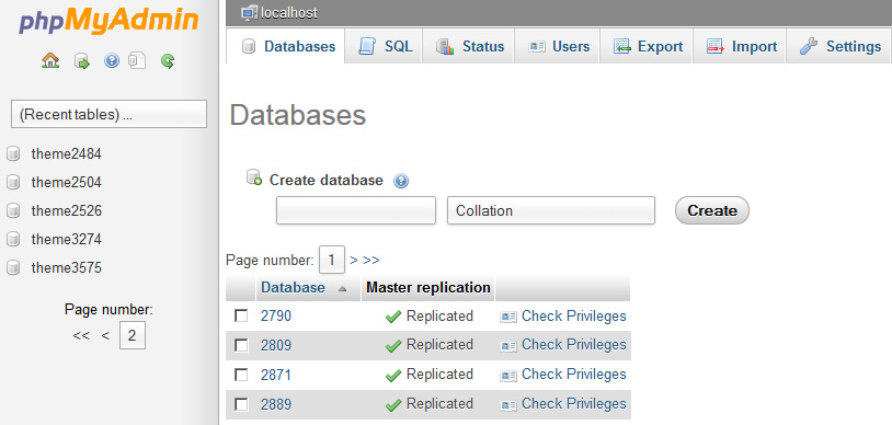phpMyAdmin Databases List Screen