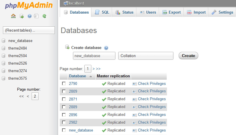 phpMyAdmin Databases List Screen